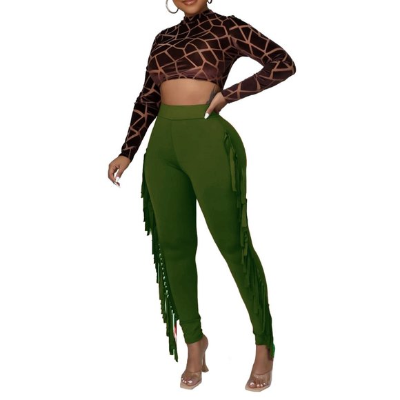 Women's Casual High Waist Fringed Pants Elastic Waist Straight Bodycon Pants Tas - Picture 1 of 7